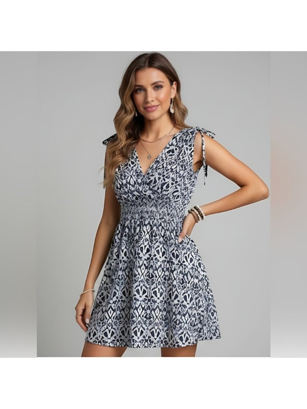 Blue Low Back Tribal Print Tie Shoulder Dress